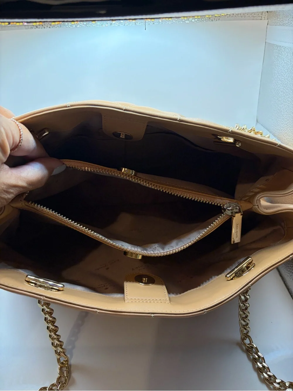 kate spade Quilted Tan Leather Shoulder Bag with Gold Chain